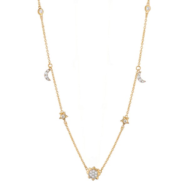 18K Diamond Sun Moon Stars Necklace